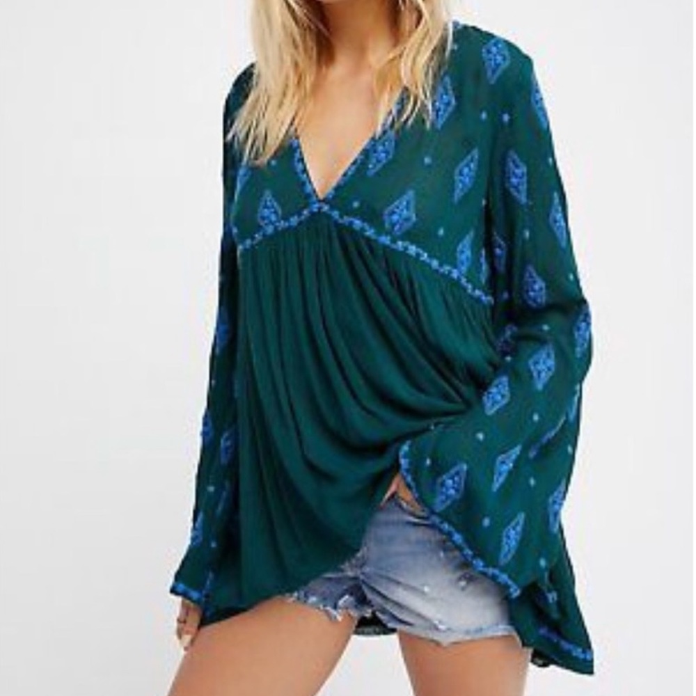 Free People Diamond Embroidery Peasant Top